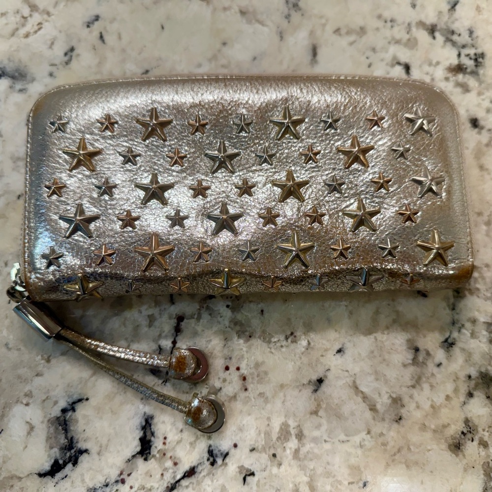 Jimmy Choo EUC Metallic Silver Leather Long Wallet w/Gold & Silver Stars